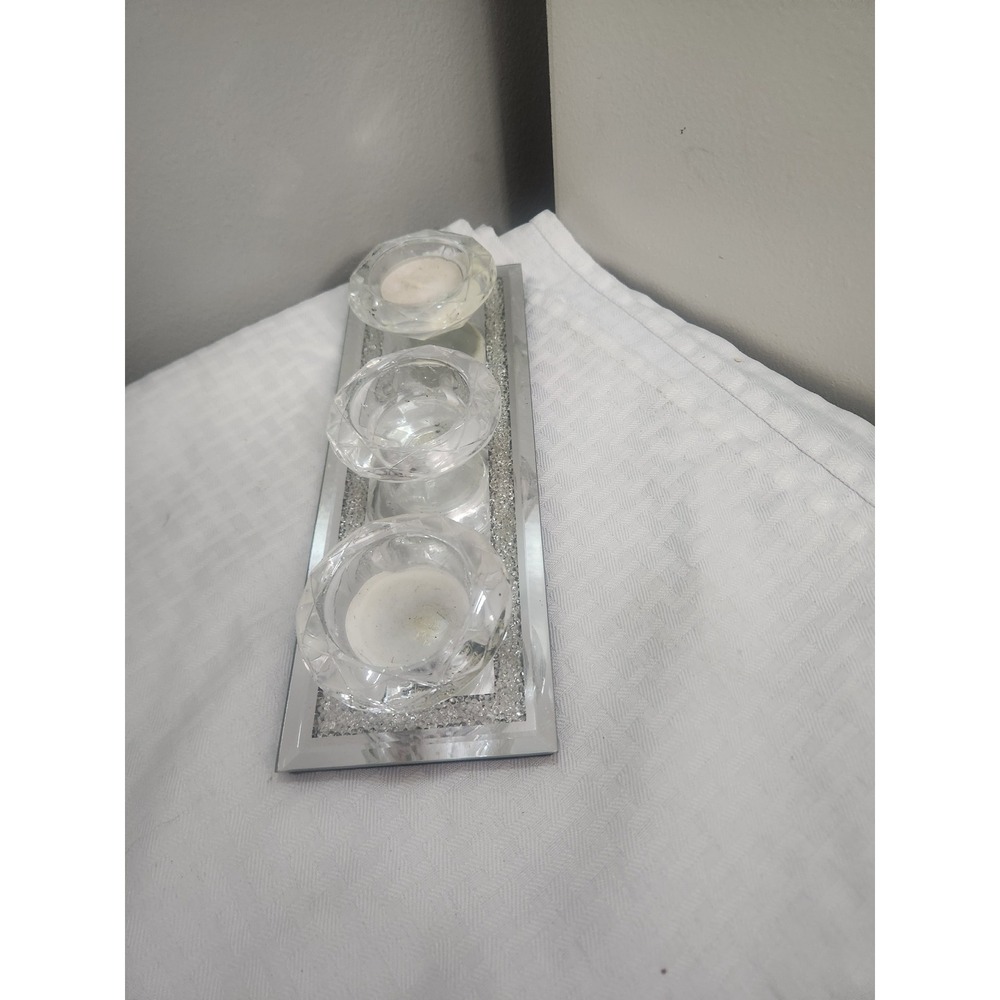 Mirrored Glass Tea Light Candle Holder Set Crushed Diamond Tray Glam Decor